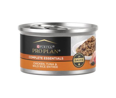 A can of Purina Pro Plan Complete Essentials Chicken, Tuna & Wild Rice Entree wet cat food.
