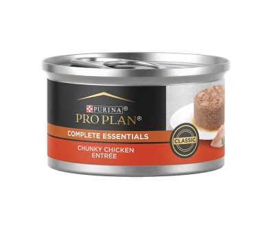 A can of Purina Pro Plan Complete Essentials chunky chicken entree wet cat food.