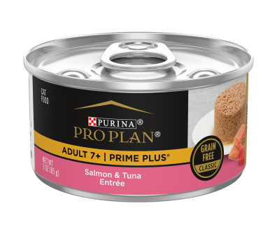 A can of Purina Pro Plan Adult 7+ Prime Plus Salmon & Tuna grain free senior wet cat food.
