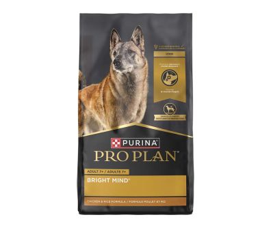 A bag of Purina Pro Plan Adult 7+ Bright Mind chicken and rice senior dry dog food.