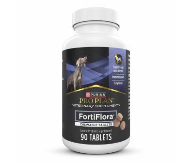 A 90 count bottle of Purina Pro Plan Veterinary Supplements FortiFlora chewable dog probiotic supplement.