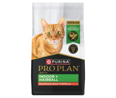 A bag of Purina Pro Plan Indoor Hairball salmon and rice dry cat food.