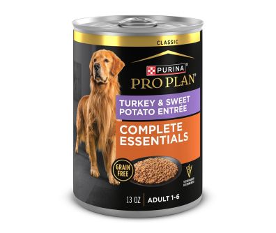 13oz can of Purina Pro Plan Complete Essentials grain free turkey and sweet potato wet dog food