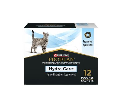 A 12 pouch case of Pro Plan Veterinary Supplements Hydra Care feline hydration supplement.