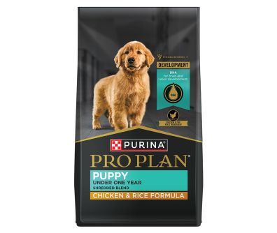 Bag of Purina Pro Plan Puppy Shredded Blend chicken and rice dry dog food