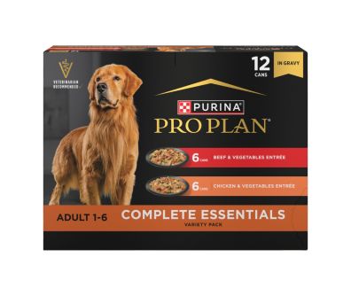 12 count Purina Pro Plan Complete Essentials Chicken and Vegetables and Beef and Vegetables in gravy wet dog food variety pack.