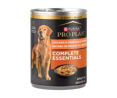 Purina Pro Plan Complete Essentials Chicken and Vegetables in gravy wet dog food.