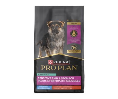 A bag of Purina Pro Plan Sensitive Skin and Stomach Puppy Large Breed Salmon and Rice Formula.