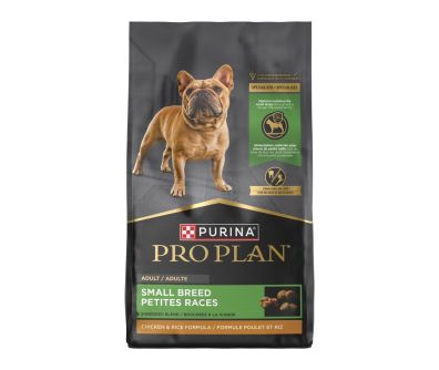 A bag of Purina Pro Plan Small Breed Shredded Blend chicken and rice dry dog food.