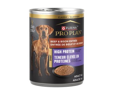 A can of Purina Pro Plan Sport high protein beef and bison wet dog food.