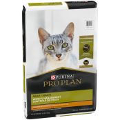 A bag of Purina Pro Plan Weight Management chicken and rice dry cat food.