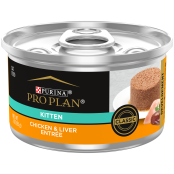 A can of Purina Pro Plan chicken and liver wet kitten food.