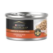 A can of Purina Pro Plan Complete Essentials chicken and rice entree wet cat food.