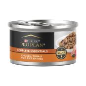 A can of Purina Pro Plan Complete Essentials Chicken, Tuna & Wild Rice Entree wet cat food.
