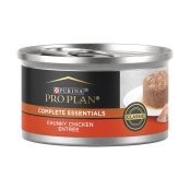 A can of Purina Pro Plan Complete Essentials chunky chicken entree wet cat food.