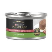 A can of Purina Pro Plan Sensitive Skin and Stomach Duck Entr&eacute;e grain free wet cat food.