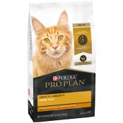 A bag of Purina Pro Plan Adult 7+ Prime Plus Chicken & Rice senior dry cat food.