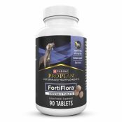 A 90 count bottle of Purina Pro Plan Veterinary Supplements FortiFlora chewable dog probiotic supplement.