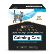 A 30 sachet box of Purina Pro Plan Veterinary Supplements Calming Care feline probiotic supplement.