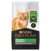 A bag of Pro Plan Indoor Hairball Turkey and Rice dry cat food.