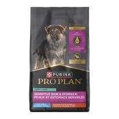 A bag of Purina Pro Plan Sensitive Skin and Stomach Puppy Large Breed Salmon and Rice Formula.