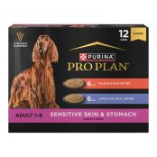 12 count Pro Plan Sensitive Skin and Stomach Salmon or Lamb wet dog food variety pack.